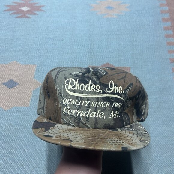 Vintage 90s snapback hat camo cap Rhodes Inc Michigan realtree made in USA - Picture 2 of 8